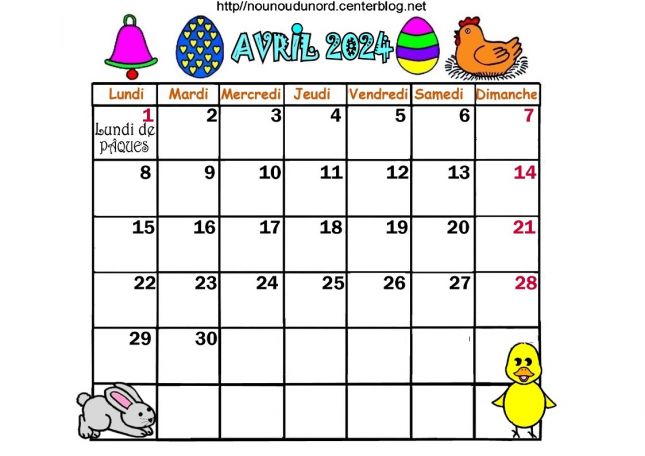 Calendrier d'avril 2024, calendrier pour enfants à imprimer
