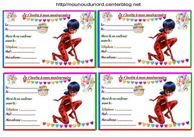 Carte invitation anniversaire Miraculous Ladybug - Lot de 8