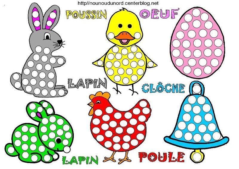 Lapin bébé de Pâques coloriage, pour gommettes, en couleur