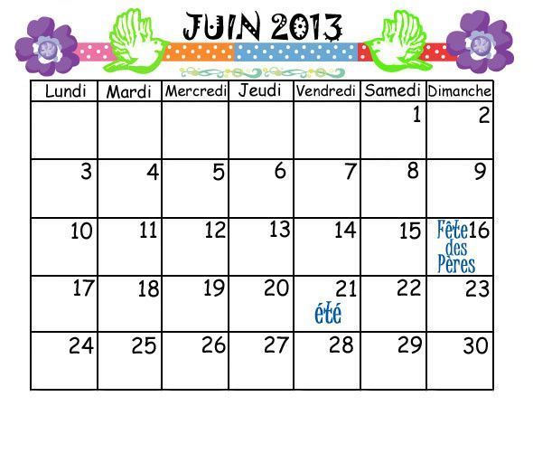 CALENDRIER 2013 MOIS DE JUIN  