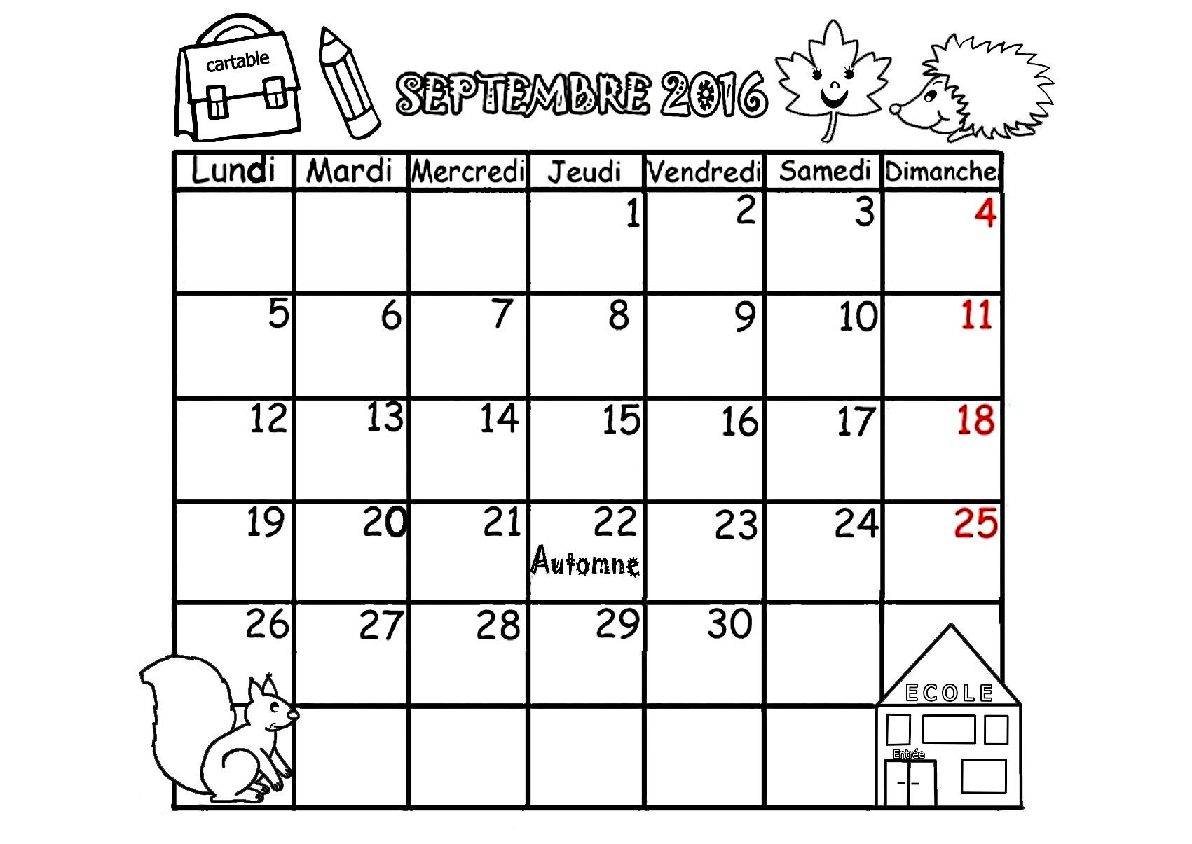 CALENDRIER 2016 mois SEPTEMBRE, OCTOBRE, NOVEMBRE, DECEMBRE