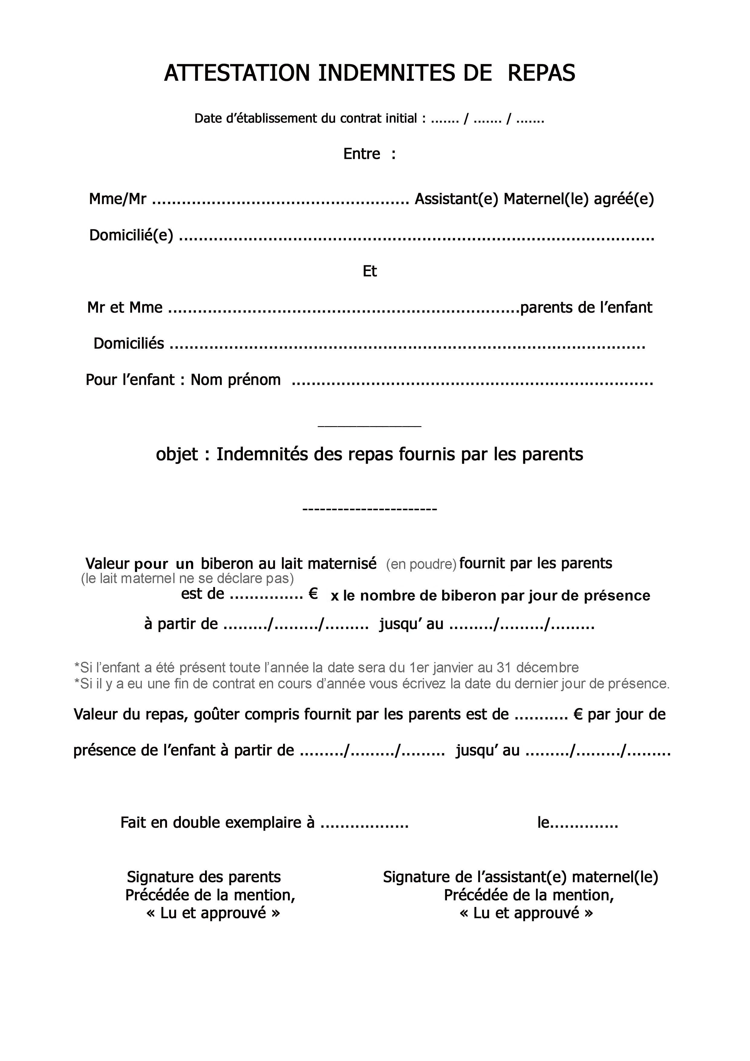 ATTESTATION INDEMNITES REPAS FOURNIS PAR LES PARENTS ATTESTATION INDEMNITES REPAS FOURNIS PAR LES PARENTS
