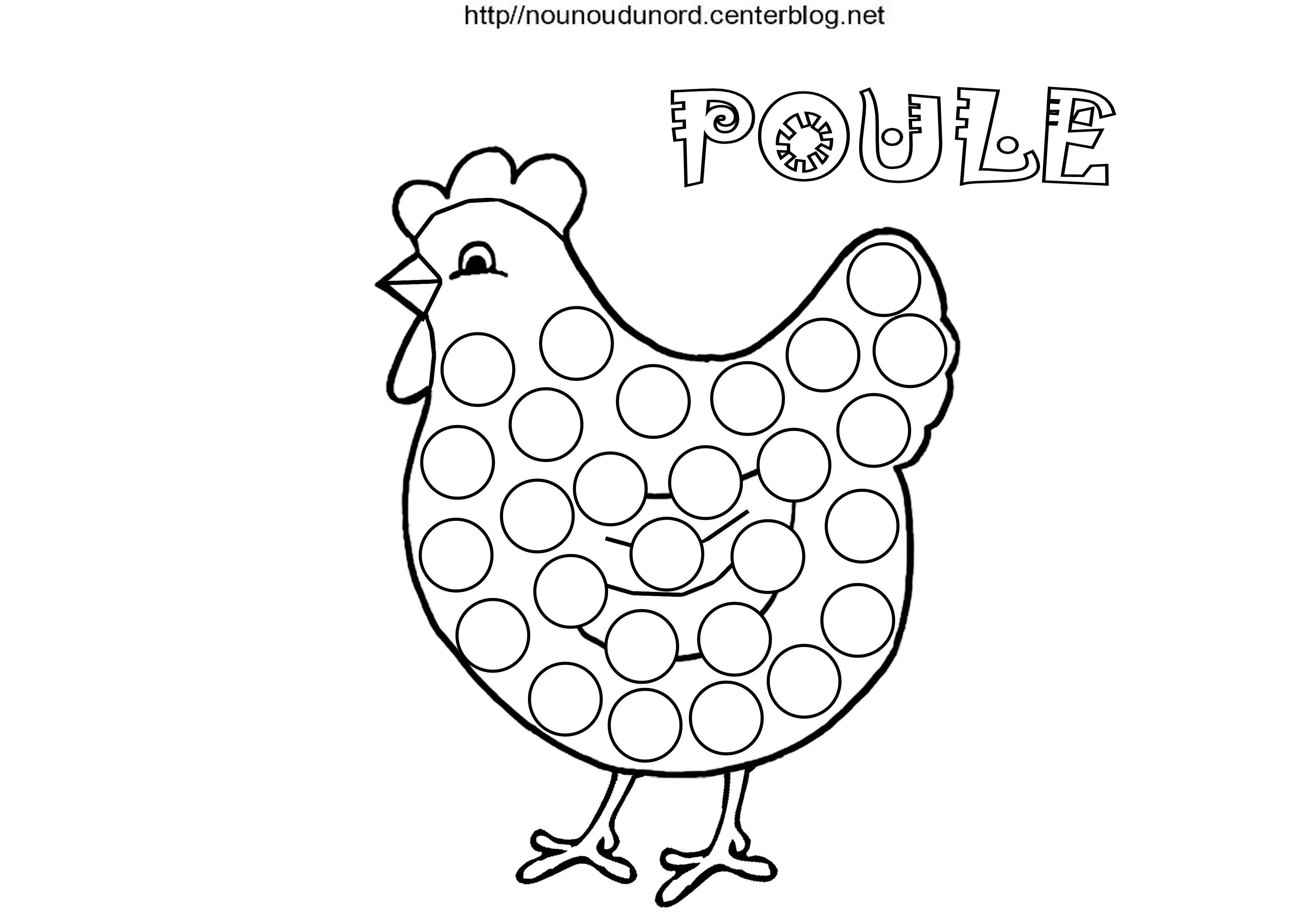Poules pour gommettes à colorier et en couleur.