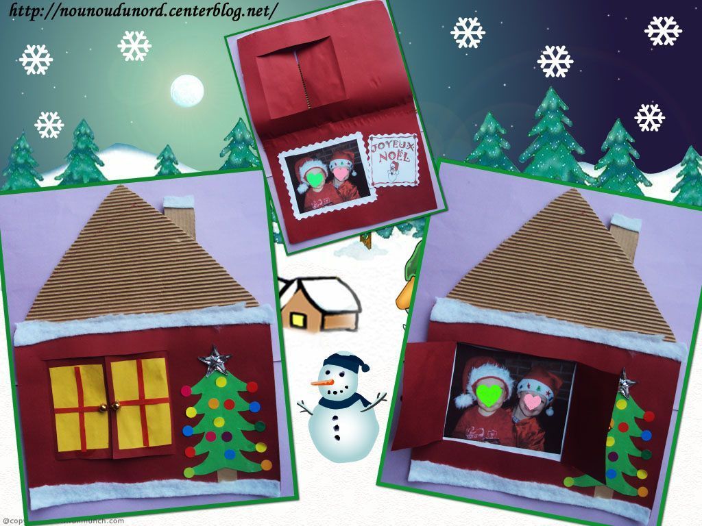 Jolie carte de NOËL en forme de maison enneigée